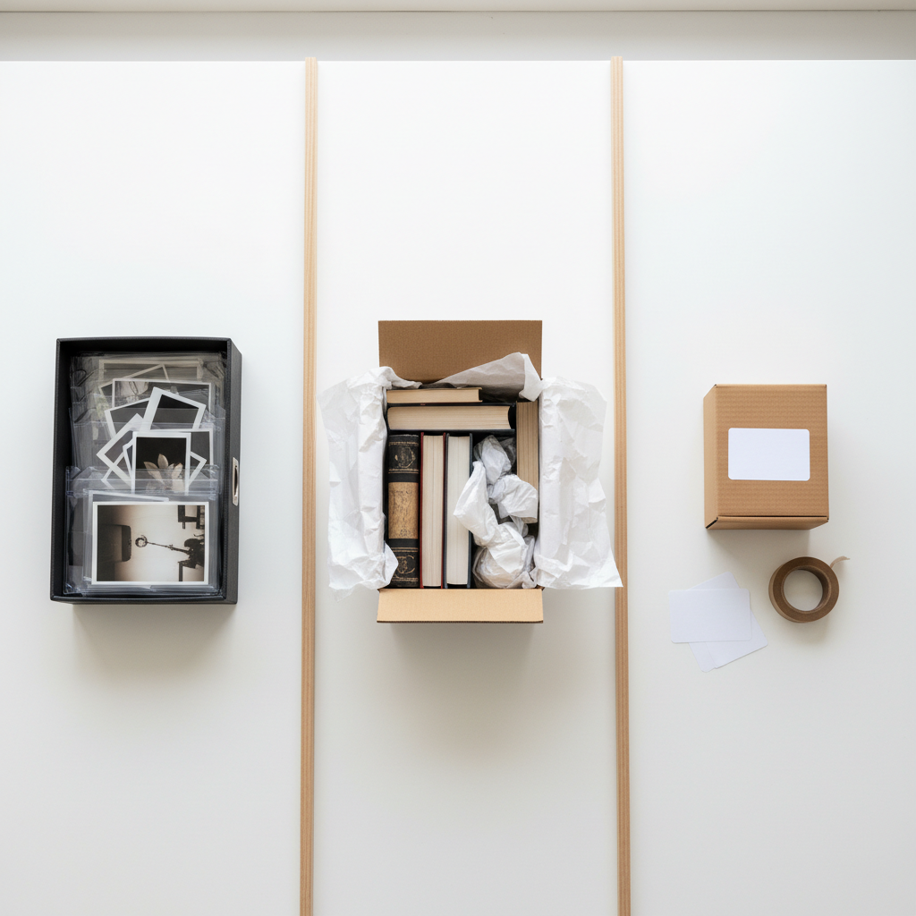 Una superficie blanca impecable donde se ven tres caminos visuales claramente diferenciados: a la izquierda, una caja de archivo elegante con negativos y fotografías protegidas en fundas; en el centro, una caja abierta con libros y objetos cuidadosamente envueltos en papel seda como preparados para donación; a la derecha, una pequeña caja de envío sobria con etiquetas en blanco que sugiere venta o redistribución. Entre las zonas, discretos separadores de madera. Luz natural difusa de ventana frontal, casi sin sombras, estilo fotográfico realista. Toma cenital tipo vista de pájaro, composición simétrica y muy clara, transmitiendo opciones ordenadas de destino para los objetos de una vida.
