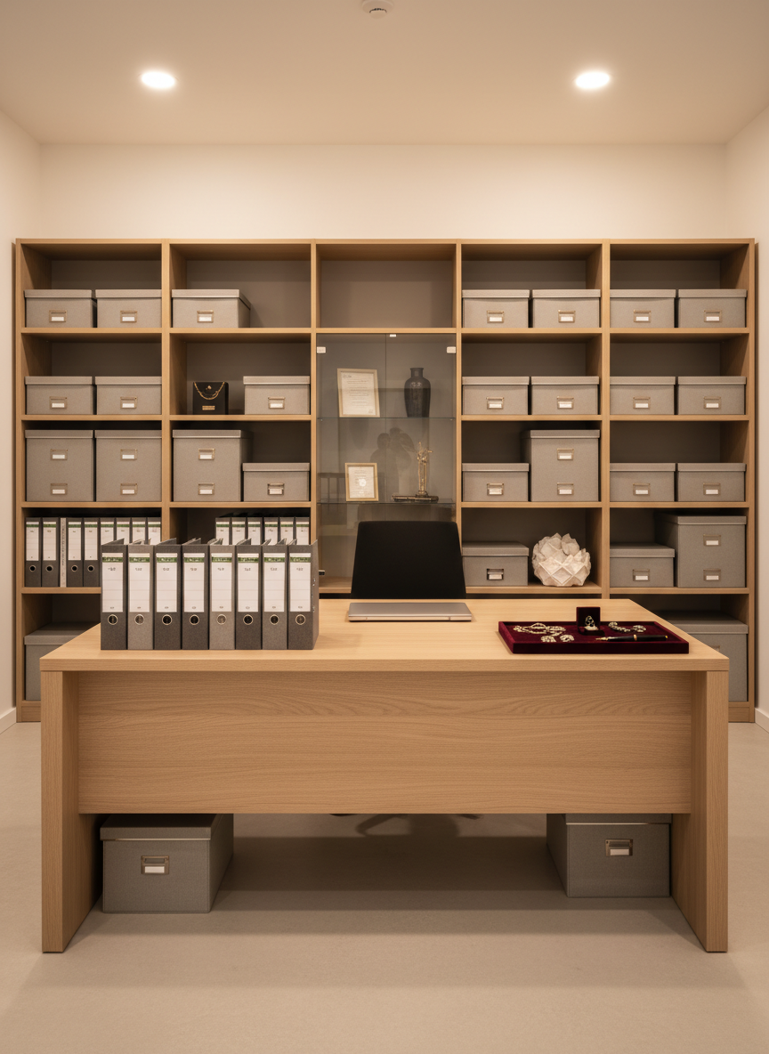 Un amplio despacho contemporáneo, sin personas, con un escritorio de roble claro en el centro, donde se alinean carpetas de archivo elegantes, una caja de almacenamiento de tela gris y un ordenador portátil cerrado. Sobre una bandeja de terciopelo reposan cuidadosamente algunas joyas antiguas, un llavero metálico y una pluma estilográfica. Detrás, estanterías con cajas neutras y discretas, más una vitrina con algunos objetos destacados, todos sin logos ni texto. Luz de estudio suave, cálida y uniforme desde arriba y la izquierda, creando un ambiente sereno y profesional. Composición en plano general, estilo fotográfico limpio y corporativo, que sugiere gestión ordenada y asesoramiento experto sobre legados.