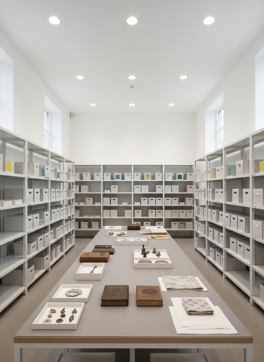 Un espacio tipo almacén boutique, limpio y bien iluminado, con estanterías metálicas blancas que sostienen cajas de conservación uniformes, tubos para planos y contenedores acolchados. En el centro, una gran mesa de clasificación con tapete gris donde se agrupan objetos de distintas categorías: libros antiguos alineados, pequeños objetos decorativos separados en bandejas, textiles doblados sobre papel libre de ácido. Señalización visual mediante discretos bloques de color, sin texto. Iluminación superior homogénea combinada con luz lateral de ventana, resaltando texturas sin crear sombras duras. Fotografía en plano amplio, estilo realista y contemporáneo, que transmite proceso sistemático, trazabilidad y profesionalidad en la gestión de legados.