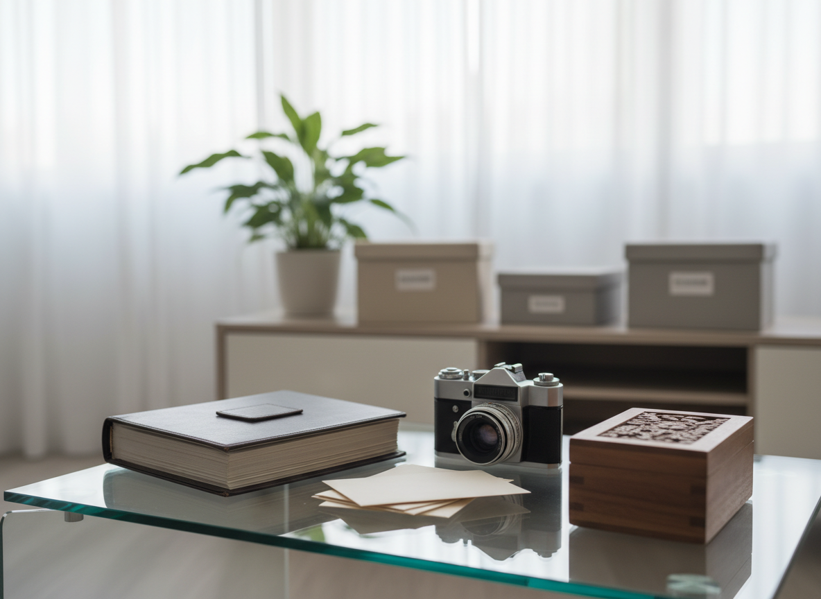 Un salón luminoso y silencioso, sin presencia humana, donde una mesa auxiliar de vidrio templado exhibe un conjunto pequeño pero significativo: un álbum fotográfico grueso, una cámara analógica antigua, una pila ordenada de cartas en sobres neutros y una caja de madera grabada sin texto. Al fondo, un mueble bajo con varias cajas de conservación en tonos beige y gris, y una planta verde que aporta calidez. Luz de mañana entrando a través de cortinas translúcidas, creando un ambiente suave, íntimo y respetuoso. Fotografía a nivel de mirada con profundidad de campo reducida, primer plano muy nítido y fondo suavemente desenfocado, evocando memoria, cuidado y continuidad del legado personal.