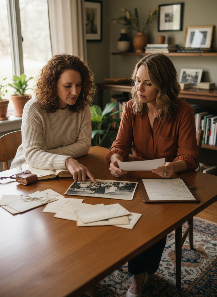 Professional and warm consultation scene: two women in their 40s sitting across from each other at a warm wooden table, reviewing personal documents, old photographs and family mementos together. Soft natural light coming through a window, earthy tones, warm and trustworthy atmosphere. Depth of field, editorial photography style.