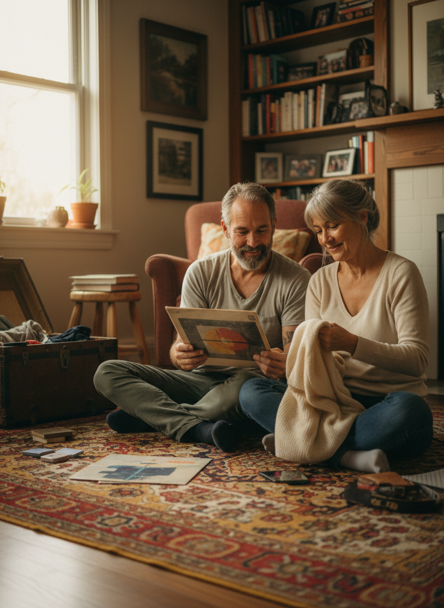 Two ordinary middle-aged people, not models, sitting together in a lived-in home environment, casually going through personal belongings: a vinyl record, a folded sweater, a small wooden stool nearby. They look like real, everyday people — slightly tired, warm, authentic expressions. Candid documentary-style photography, natural light, no makeup or styling, imperfect and real. Warm tones, shallow depth of field.