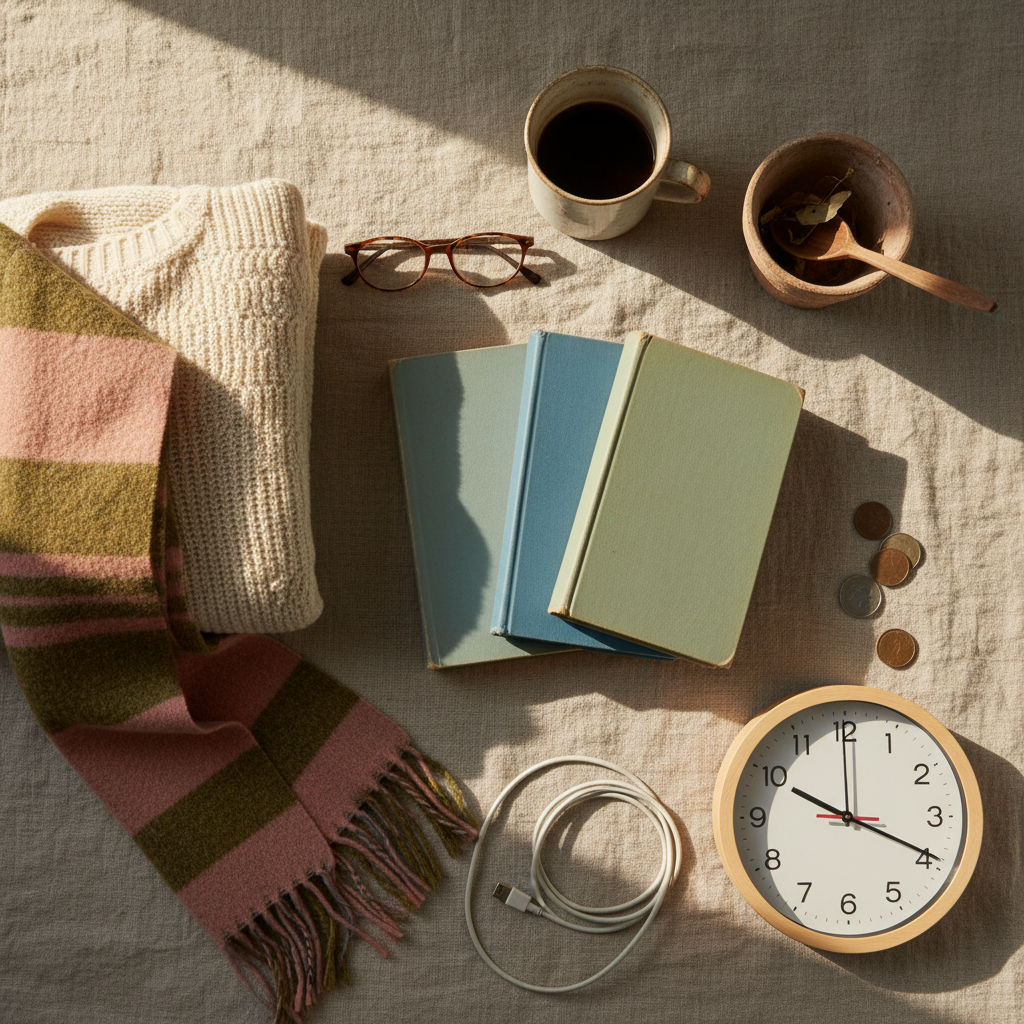 A flat lay or casual arrangement of everyday personal belongings on a simple surface: a few worn paperback books with creased spines, folded everyday clothing like a sweater and a scarf, basic household items like a mug, a small pot, a wooden spoon, a simple clock. Nothing fancy or luxurious — just ordinary, lived-in objects from a regular home. Warm natural light, documentary style, authentic and unpretentious feel, neutral tones.